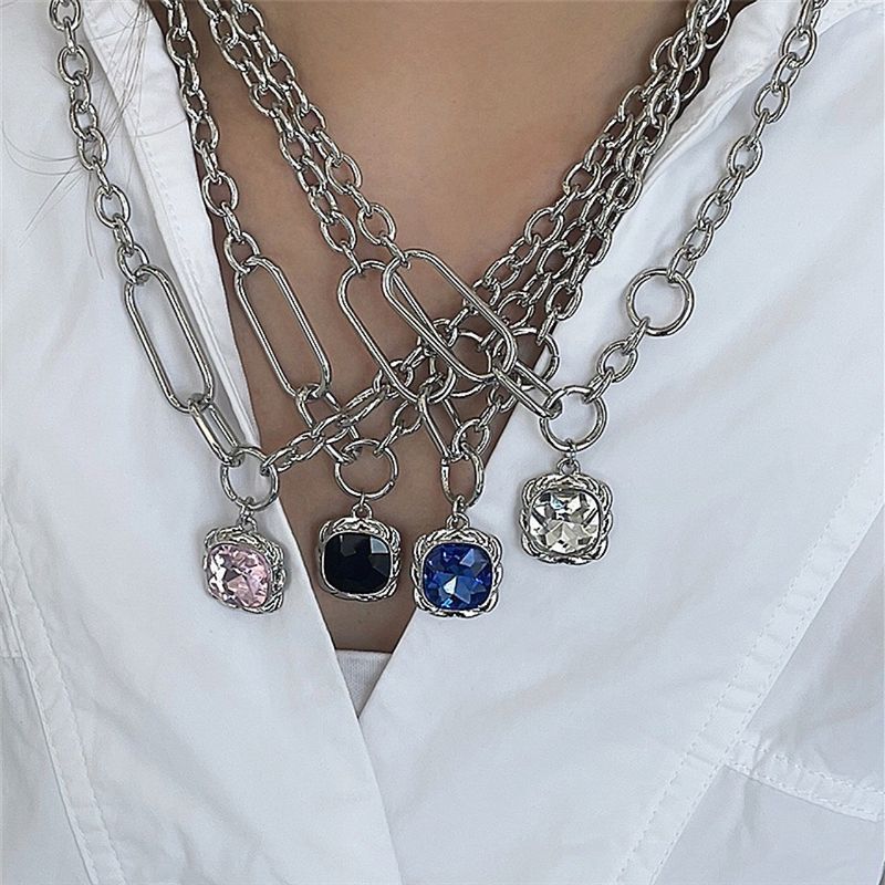 Retro Gemstone Necklace Square Crystal Pendant Niche Sweater Chain