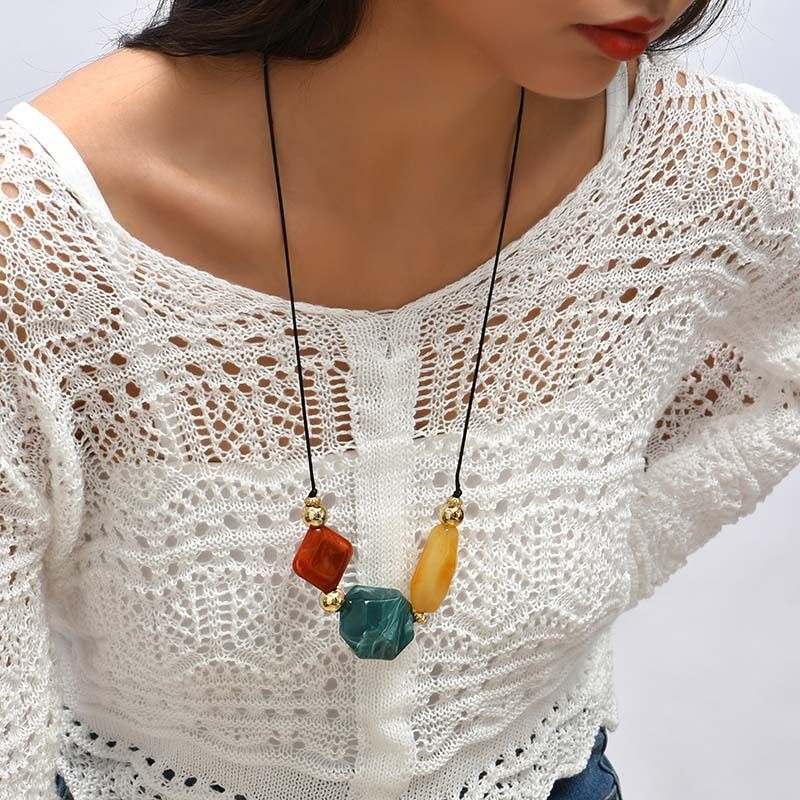 Vintage Long Geometric Color Resin Stone Creative Exaggerated Sweater Pendant Jewelry