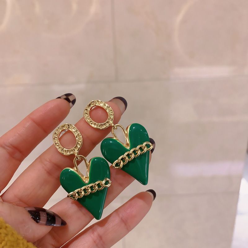 Oil Drop Chain Green Heart Earrings New Korean Three-dimensional Heart Earrings Female