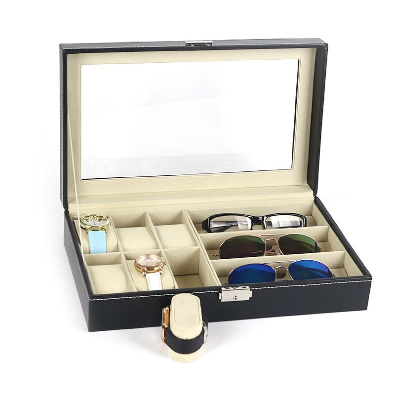6-bit Watch Plus 3-bit Glasses Case Black Pu Glasses Storage Box