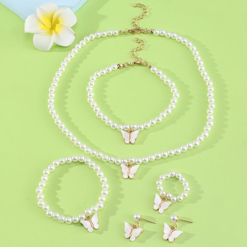 Children's Jewelry Korean Simple Style Butterfly Pearl Necklace Ring Bracelet Earring Set
