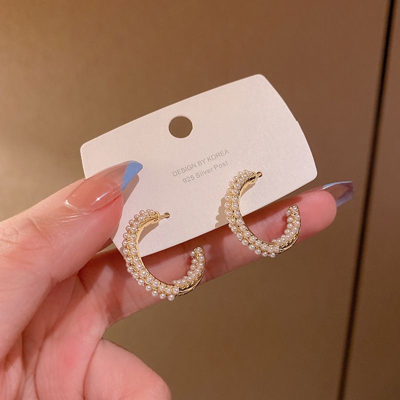 Simple C-shaped Alloy Pearl Earrings