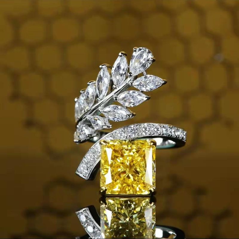 Mode Eingelegte Zirkon Blatt Gelb Diamant Ring Eis Blume Kupfer Ring