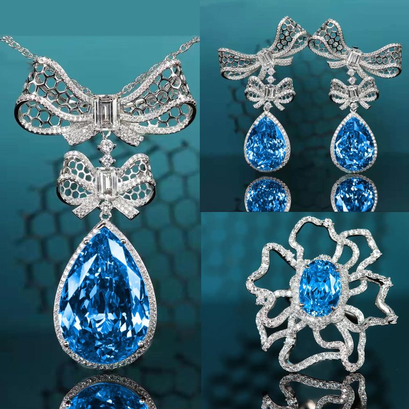 Luz Lujo Completo Diamante Topacio Azul Traje Arco Collar Pendientes Anillo Mujer