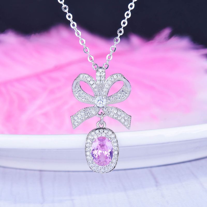 Fashion Three-dimensional Pink Diamond Bow Pendant Copper Necklace