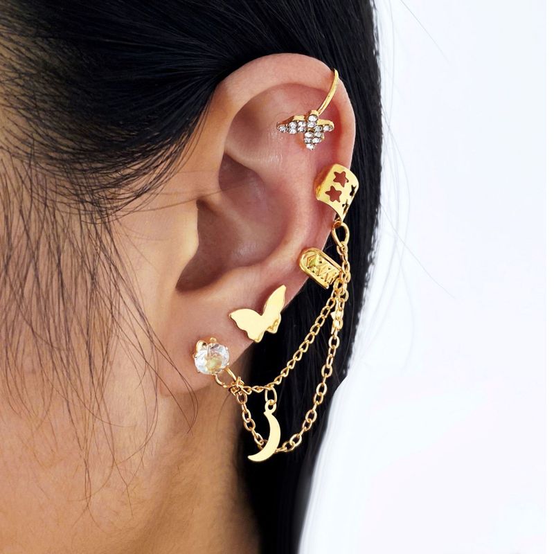New Full Diamond Butterfly Golden Star Moon C-shaped Alloy Ear Bone Clip 4-piece Set