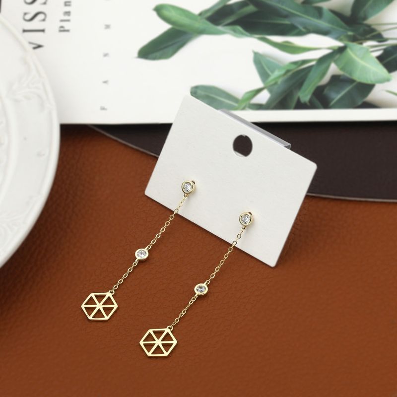 Boucles D&#39;oreilles Longues Pendentif Hexagone En Cuivre Doré De Luxe Simple Et Léger