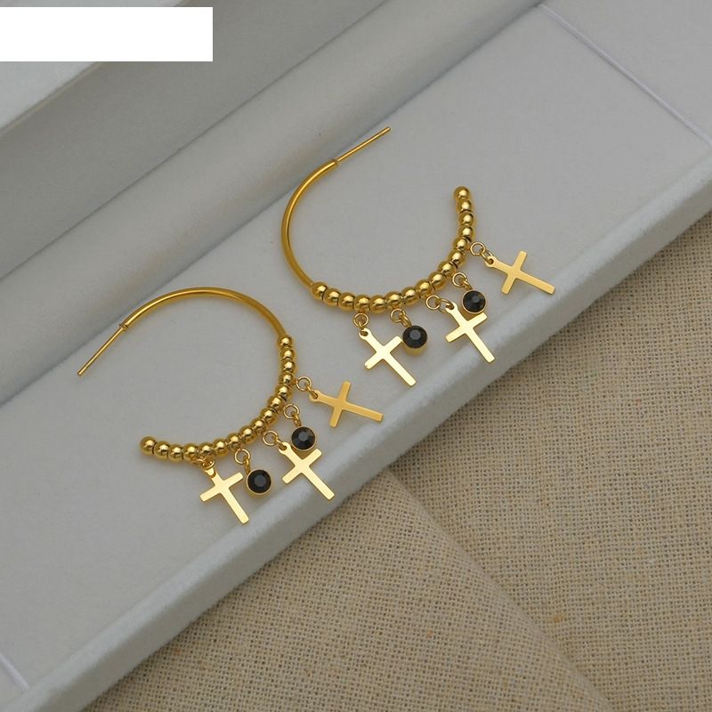 Fashion C-shaped Cross Earrings Black Diamonds Titanium Steel Earring