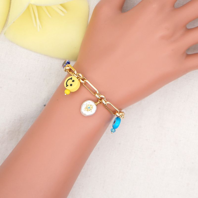 Kreative Mode Edelstahl Armband Süßwasserperle Smiley Glas Blume Perlen Armband