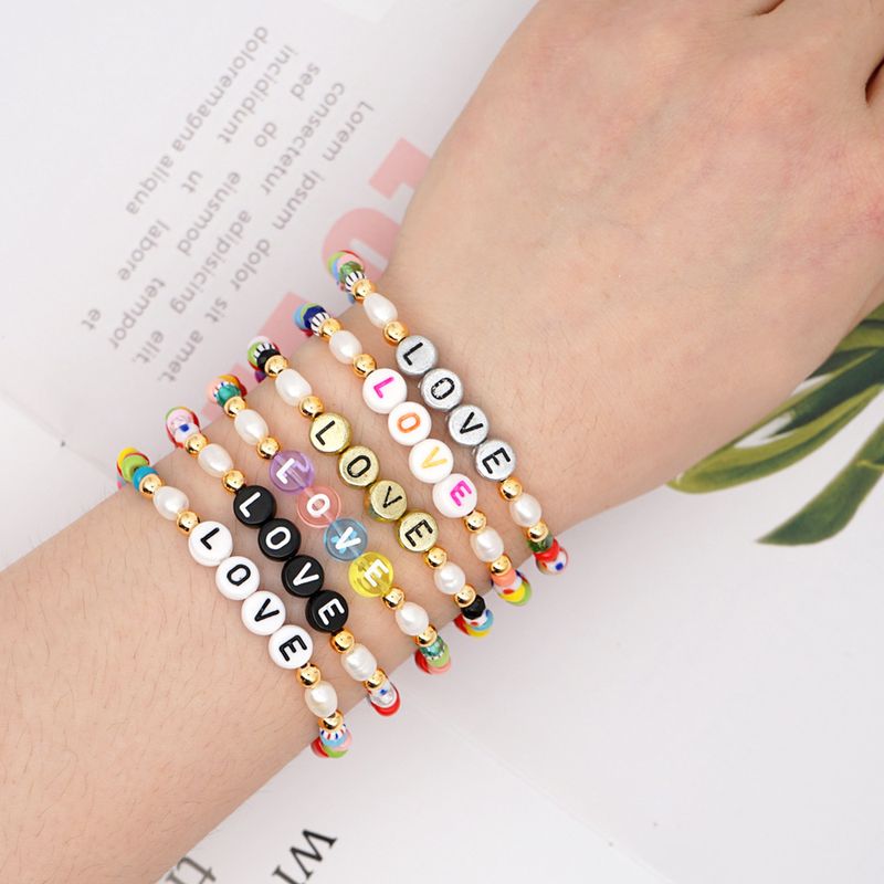 Vintage Baroque Pearls Simple Rainbow Beads English Letter Love Bracelet