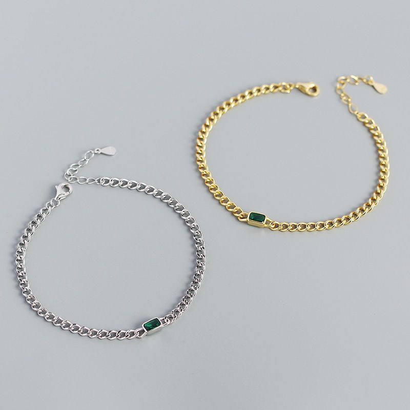 Simple Hollow Chain S925 Silver Emerald Geometric Bracelet