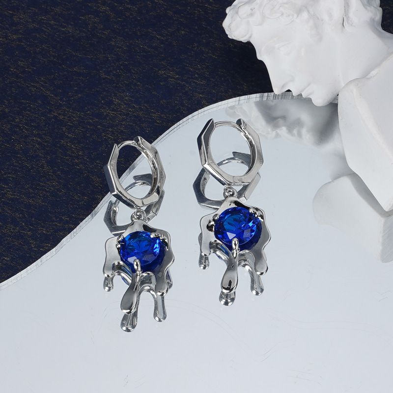 Accesorios De Oreja De Diamantes De Imitación Azul De Moda Pendientes De Cobre Retro Simples
