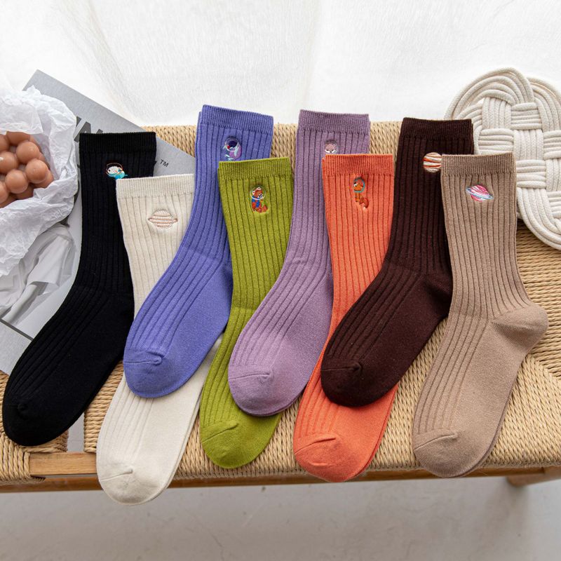 Simple Solid Color Long-tube Embroidery Pile Cotton Socks