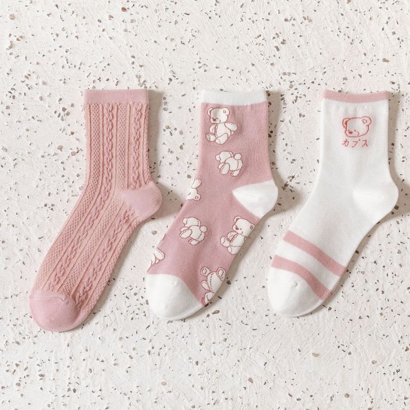 New Mid-tube Cotton Cute Bear Pink Princess Socks