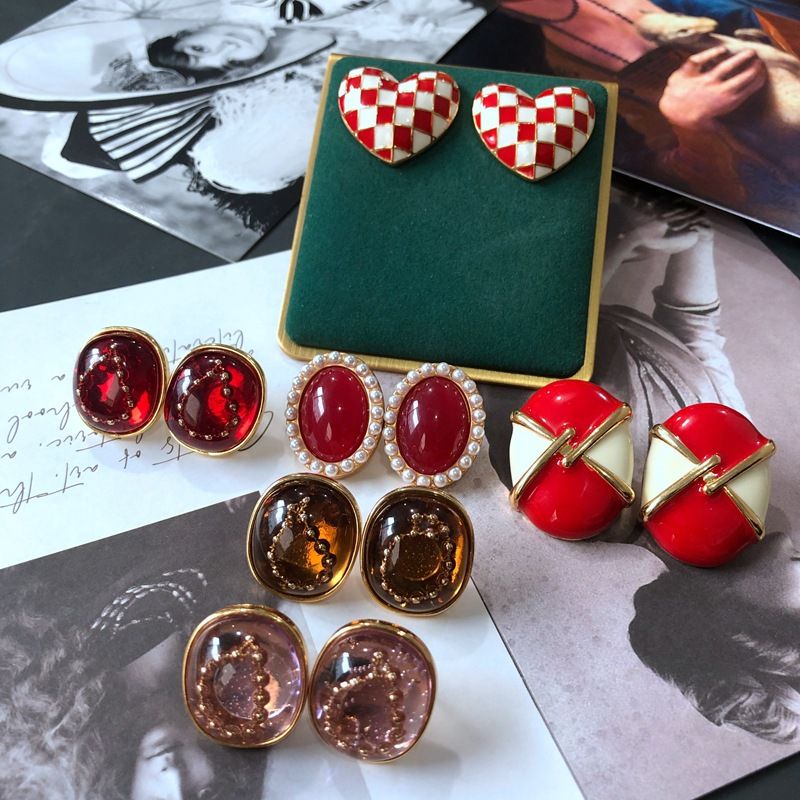 Pendientes De Botón De Perla De Corazón De Cadena De Cuentas De Esmalte De Color Rojo Vintage