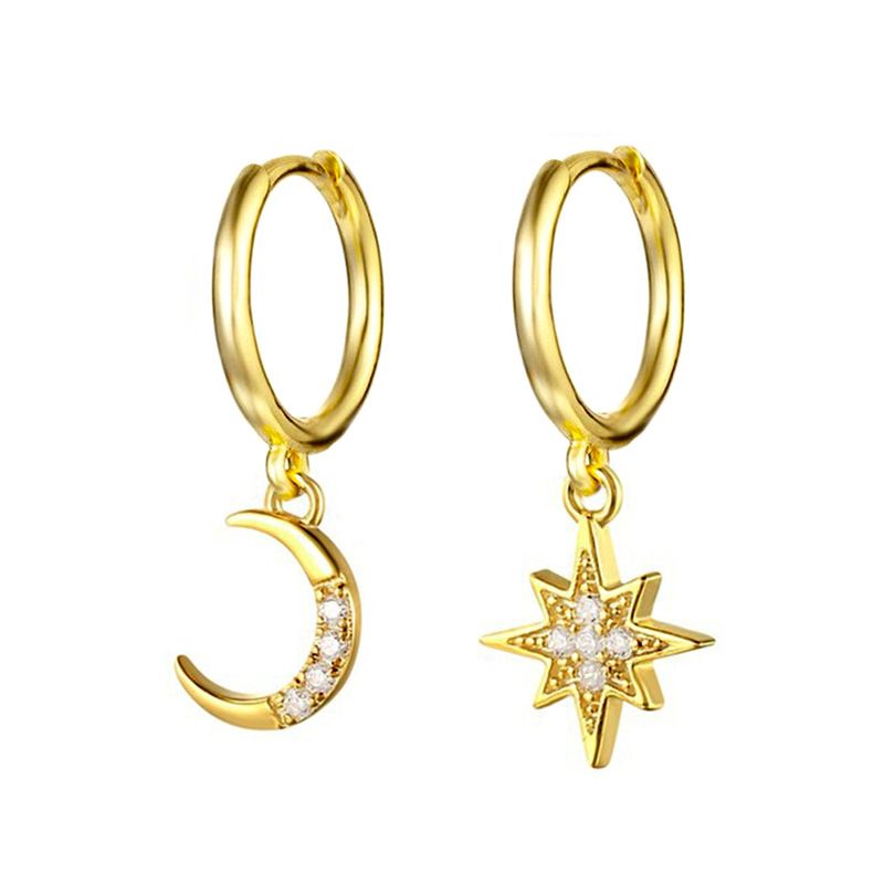Fashion 925 Silver Needle Star And Moon Asymmetric Earrings Earrings Wholesale