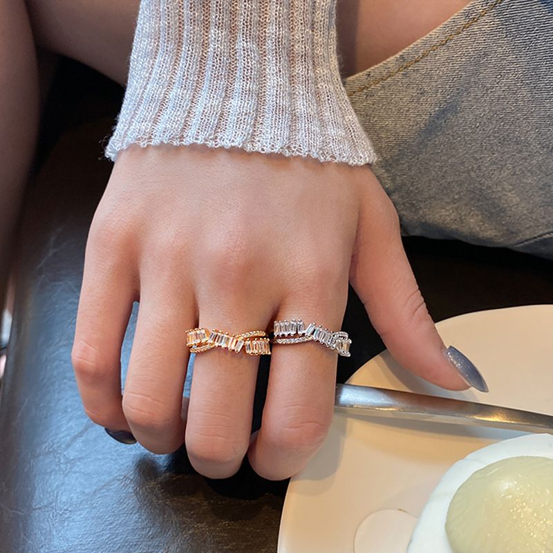 Anillo Abierto De Dedo Índice Coreano, Anillo De Circón Con Incrustaciones De Cobre Cruzado Simple Para Mujer, Venta Al Por Mayor