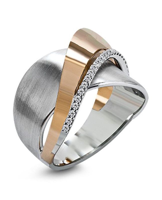 أزياء زركونيا مكعب خاتم بسيط الكهربائي روز الذهب لونين عبر القوس الدائري
