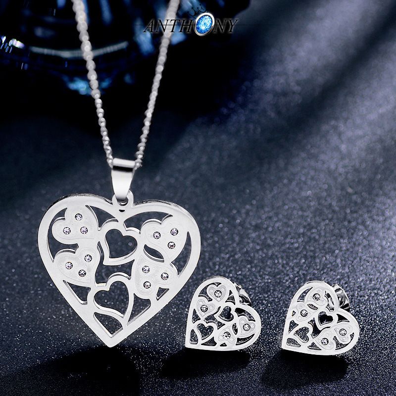Fashion Titanium Steel Rhinestone Hollow Heart Pendant Necklace Earrings Set
