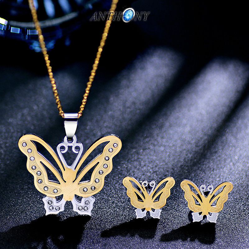Fashion Titanium Steel Inlaid Rhinestone Hollow Butterfly Pendant Necklace Earring Set