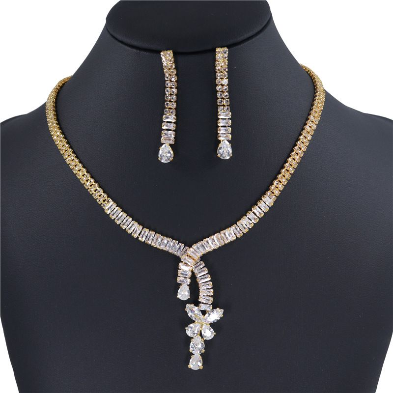Fashion Bridal Collarbone Zircon Necklace Earrings Crystal Set Wedding Accessories