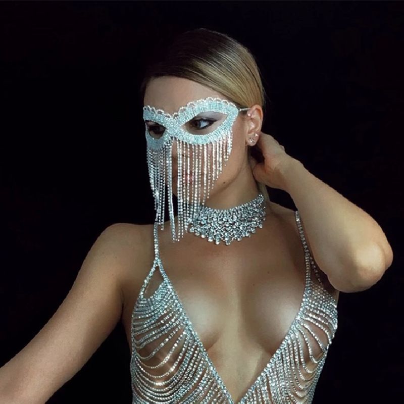 European And American Halloween Masquerade Long Fringe Rhinestone Face Mask