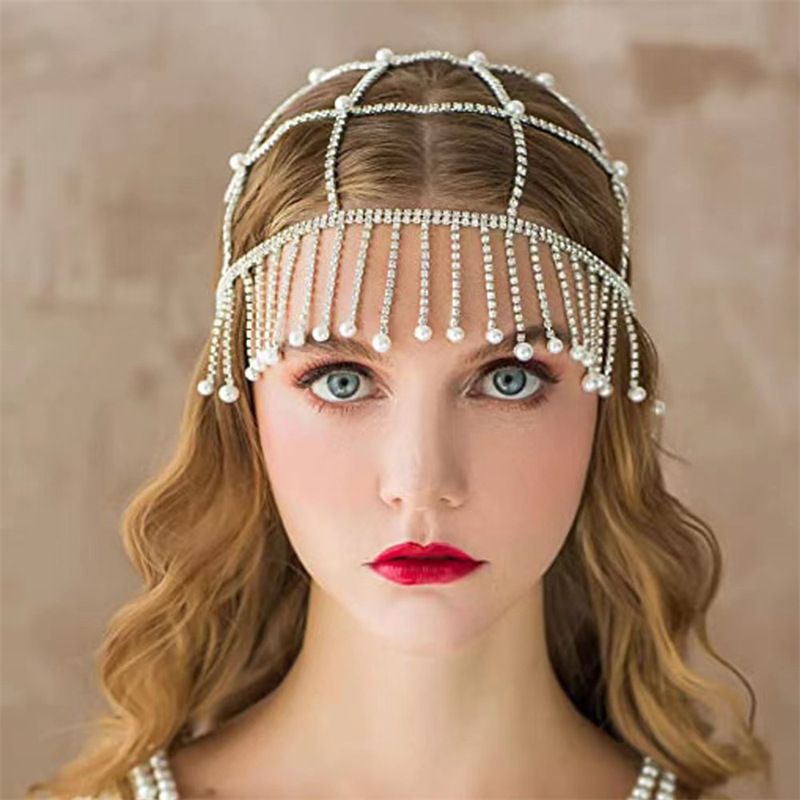 European And American Fashion Tassel Pearl Headband Exaggerated Rhinestone Hair Chain
