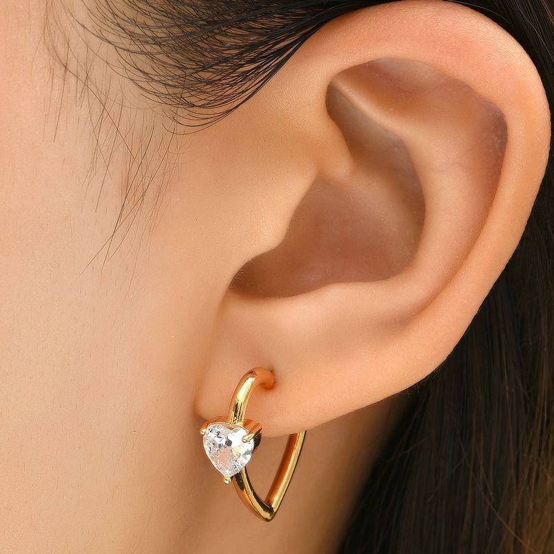 Simple Heart Inlaid Zircon Two-piece Metal Hoop Earrings Wholesale