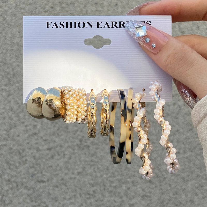 Fashion Retro C-shaped Inlaid Pearl Earrings Set 5 Pairs Of Alloy Earrings