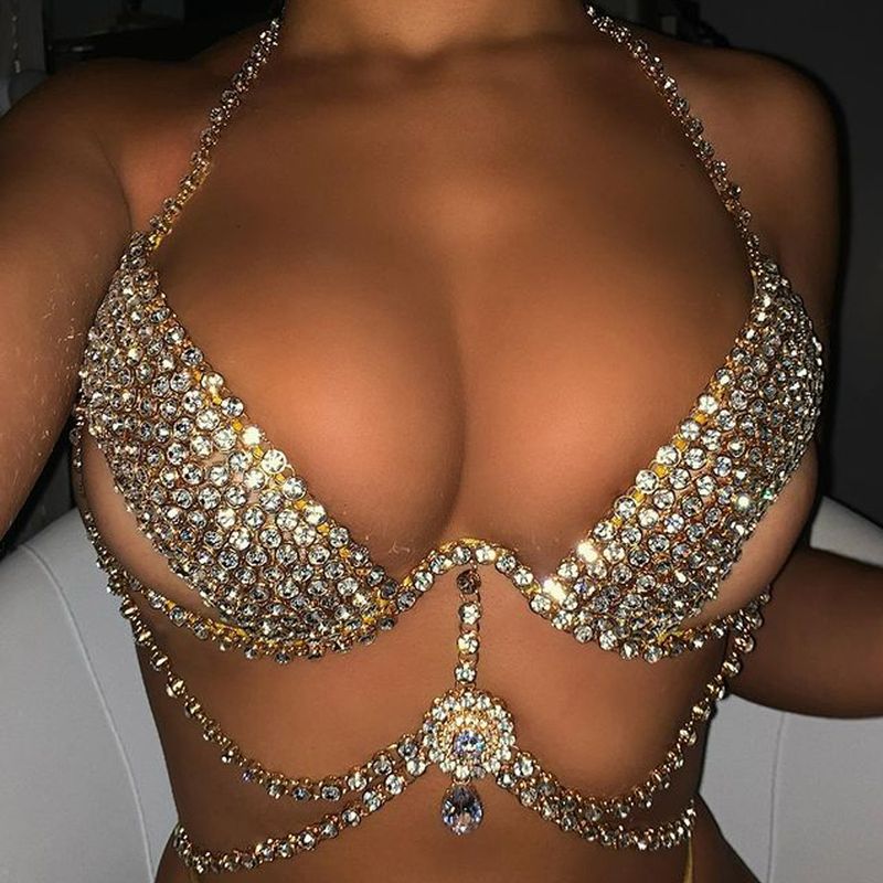 Neue Kreuz Hohl Bikini Bh Mehrschichtige Kristall Sexy Mode Strass Körperkette