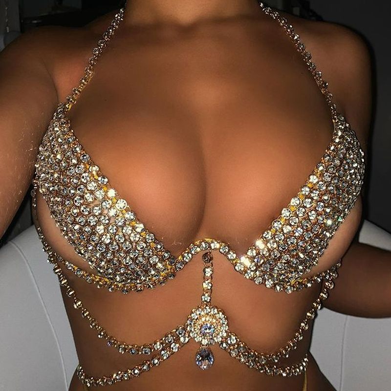 Nuevo Sujetador De Bikini Hueco Cruzado Cristal Multicapa Cadena De Cuerpo De Diamantes De Imitación De Moda Sexy