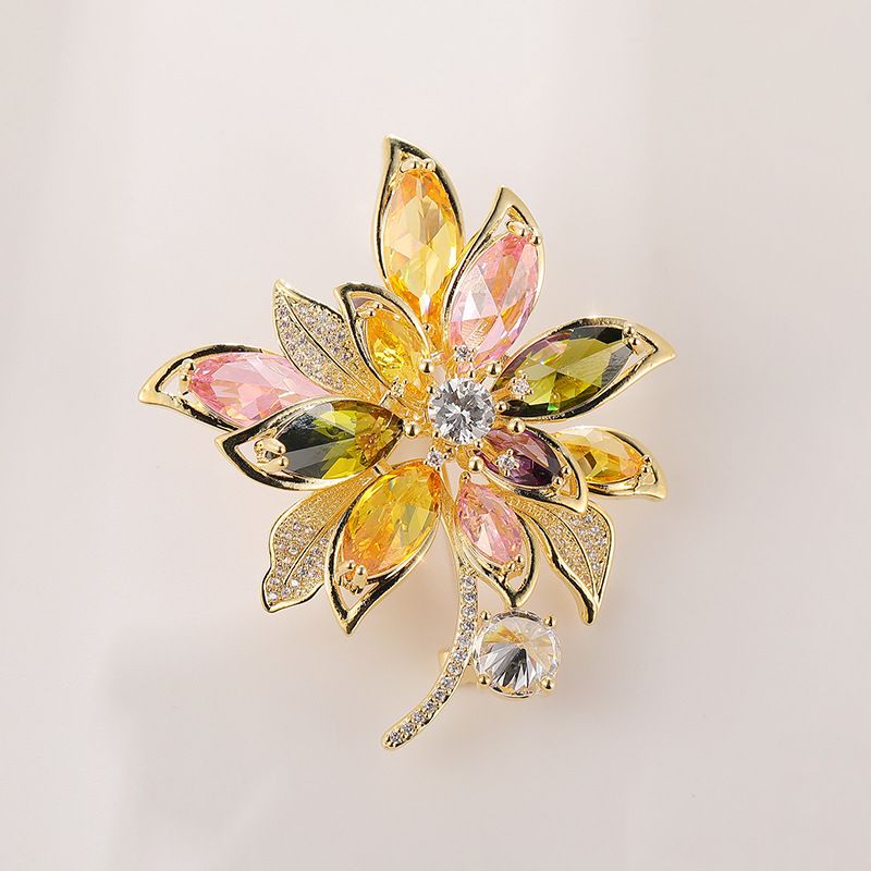 Year Of The Tiger Mixed Color Crystal Copper Zircon Flower Brooch Pin