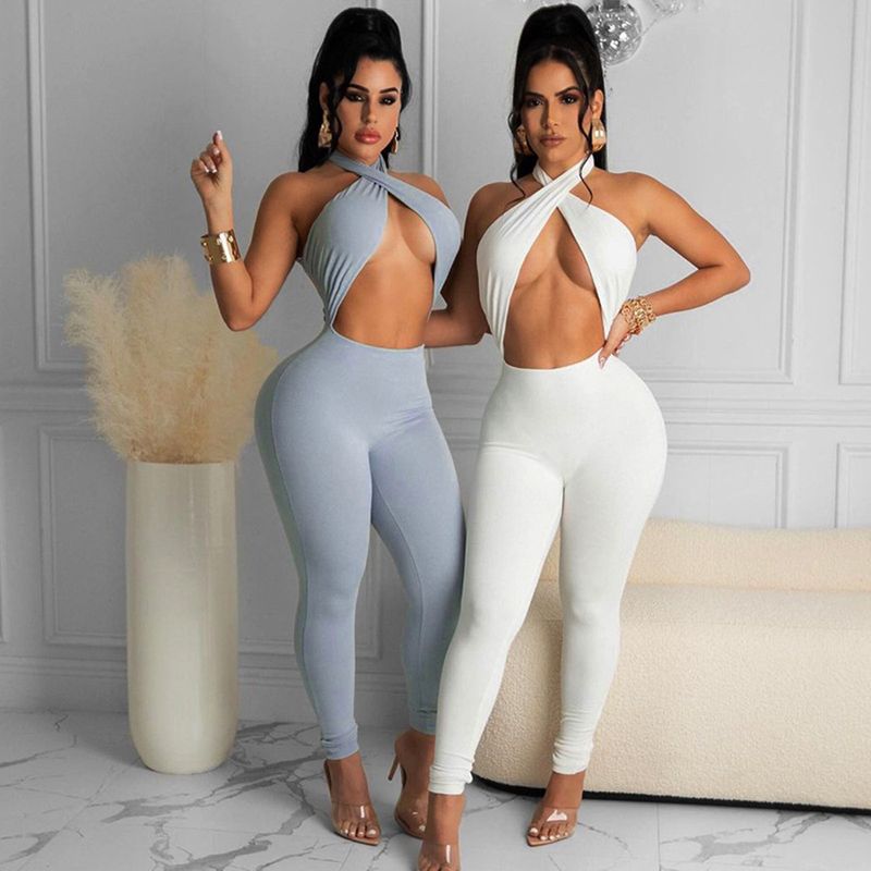 Sexy Solid Color Spandex Polyester Milk Fiber Patchwork Jumpsuits