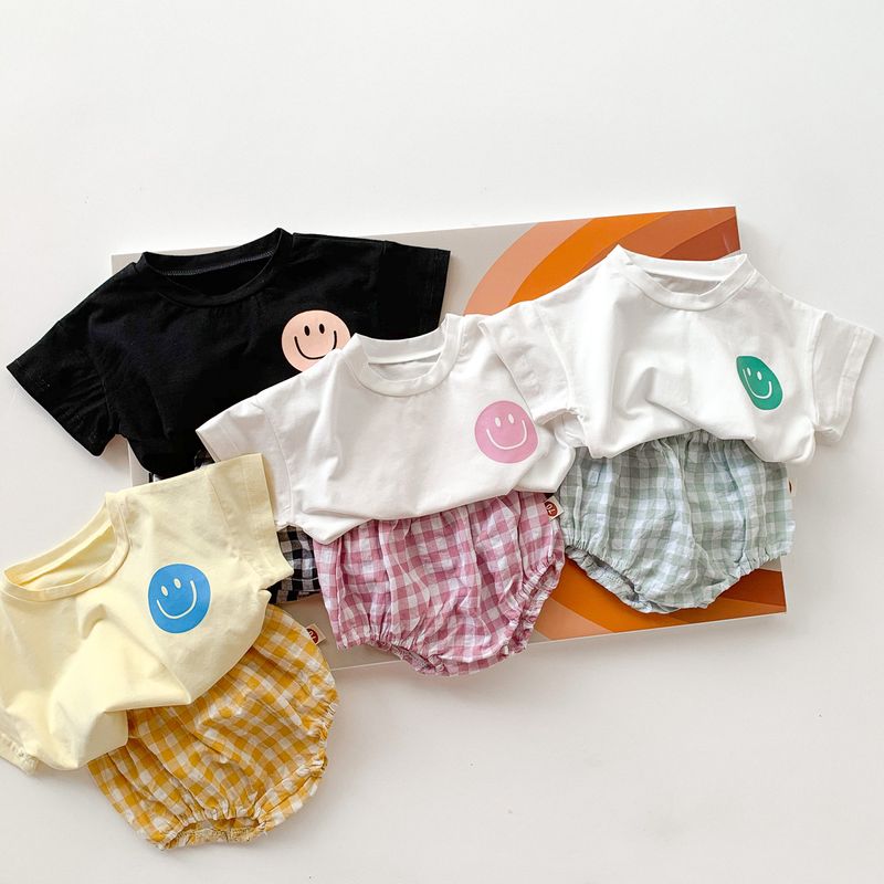 Vêtements Pour Enfants Coréens Coton Mignon Smiley Costume Été Ensemble Deux Pièces