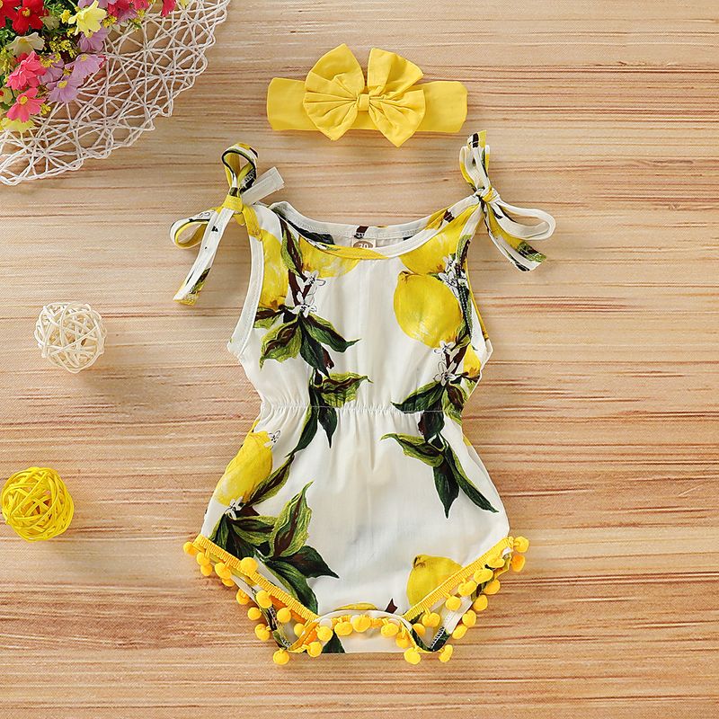 Cute Lemon Printing Triangle Romper With Hairband Romper Clothing