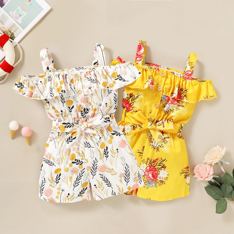 Cute Fashion Children's Clothing Girl Floral One-shoulder Sling Jumpsuits