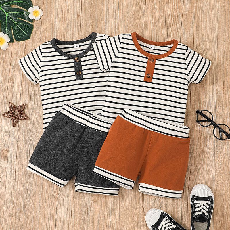 Korean Children's Pullover Two-piece Casual New Striped Shorts Suit Wholesale