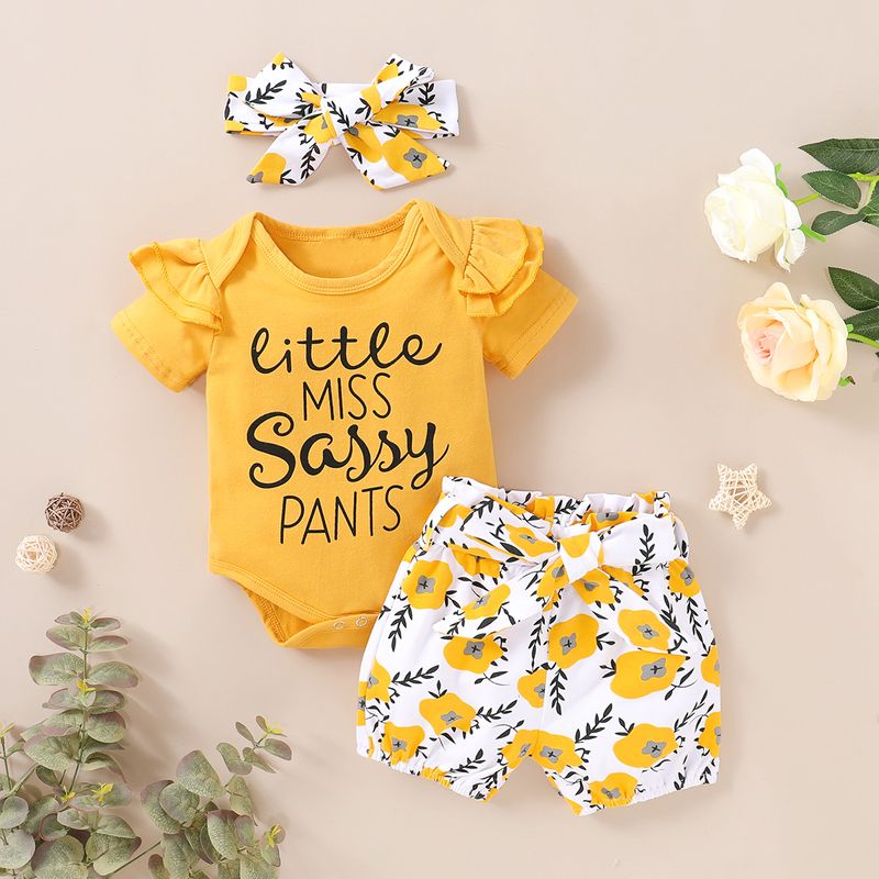 Baby Short Sleeve Solid Color Letter Printed Top Flower Printed Pants Set