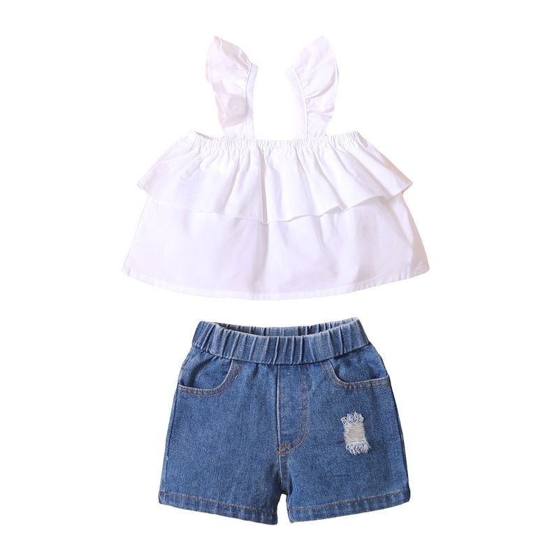 White Suspender Top Ripped Hole Fly Shorts Two-piece Set
