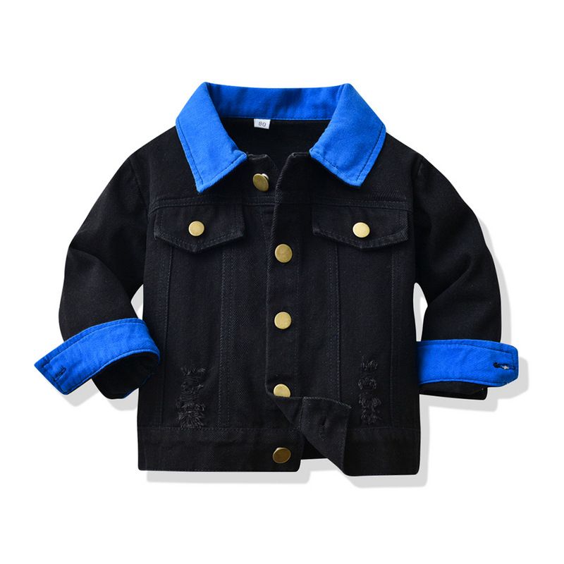 New Children's Denim Jacket Korean Colorblock Lapel Black Denim Children's Jacket