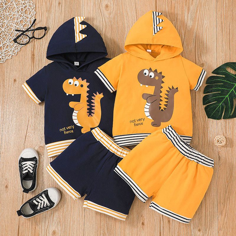 Girls Hooded Dinosaur Print Children's Striped Cartoon Shorts 2-piece Set