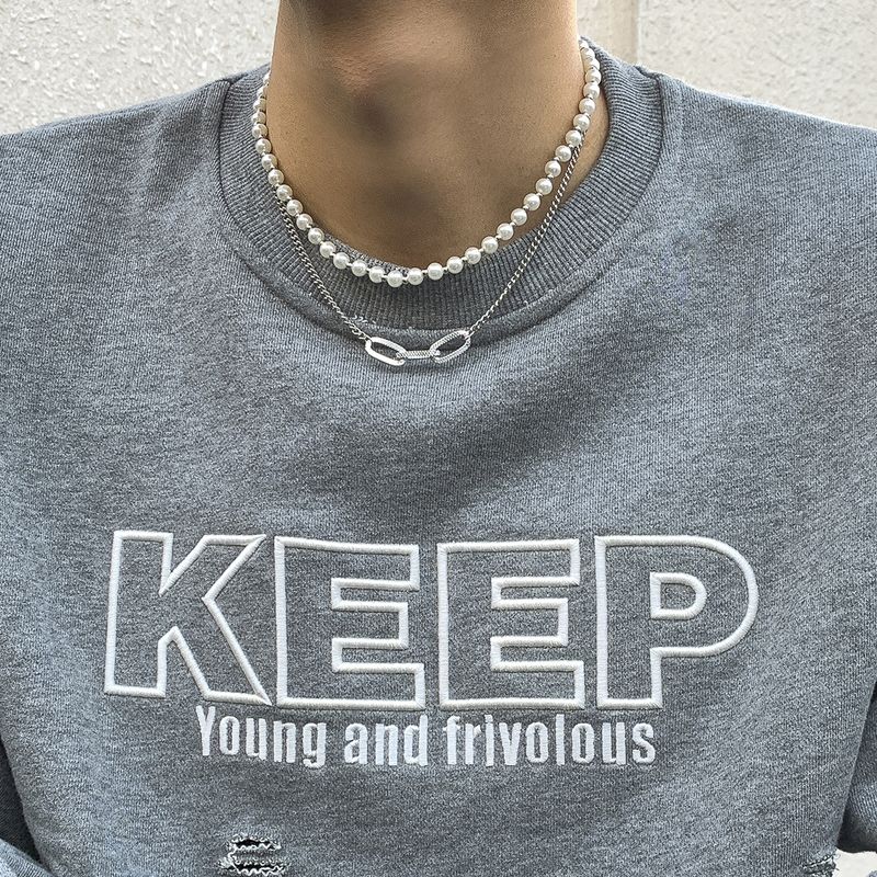 Fashion Trendy O-shaped Lock Pendant Clavicle Chain Design Double-layer Necklace Pearl Chain Men's Necklace