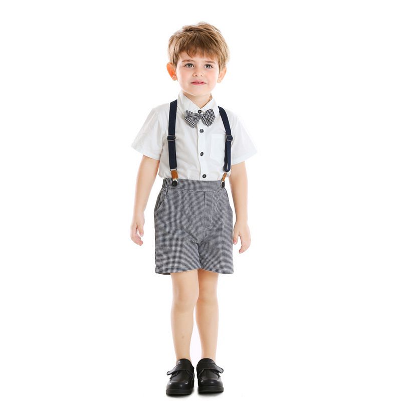 New Summer Children's Clothing Boys British Style Short-sleeved Shirts Plaid Overalls