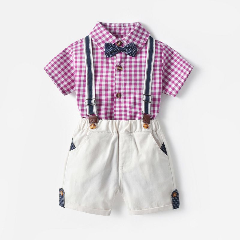 Summer Baby Plaid Jumpsuit Short-sleeved Romper Suspender Shorts Two-piece Set