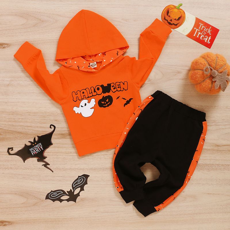 Baby Clothings Cartoon Halloween Pumpkin Goblin Print Long-sleeve Sweater Pants Two-piece Set