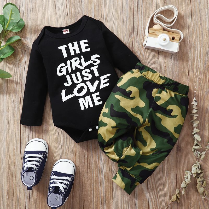 Autumn Cotton Letter Long-sleeved Children Romper Camouflage Pants Two-piece Set