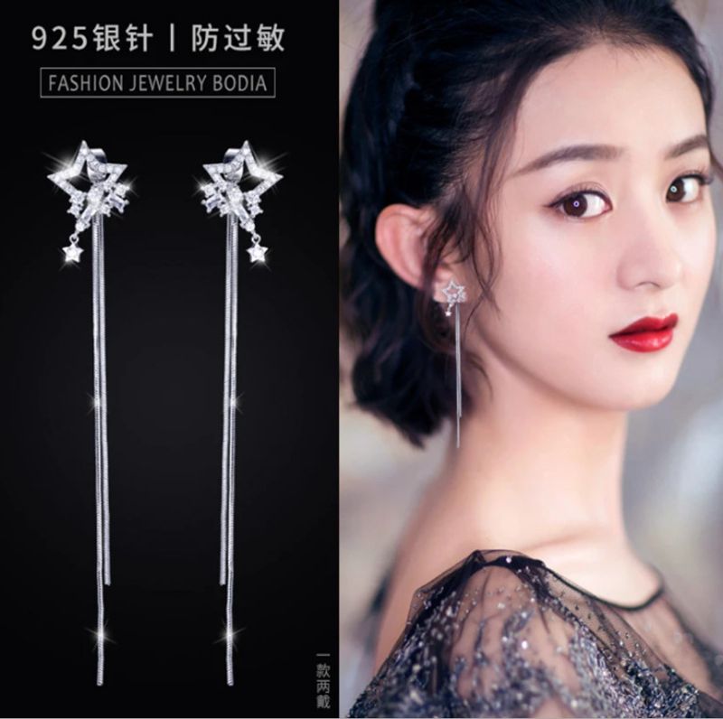 Fashion Long Tassel Fashion Simple Five-pointed Inlaid Rhinestone Star Earrings