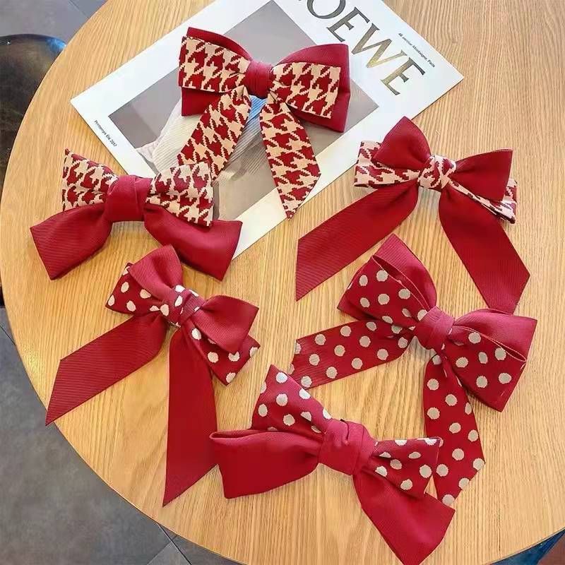 Cute New Hair Accessories Fabric Side Clip Red Bow Hairpin Lattice Wave Dot Hair Clip