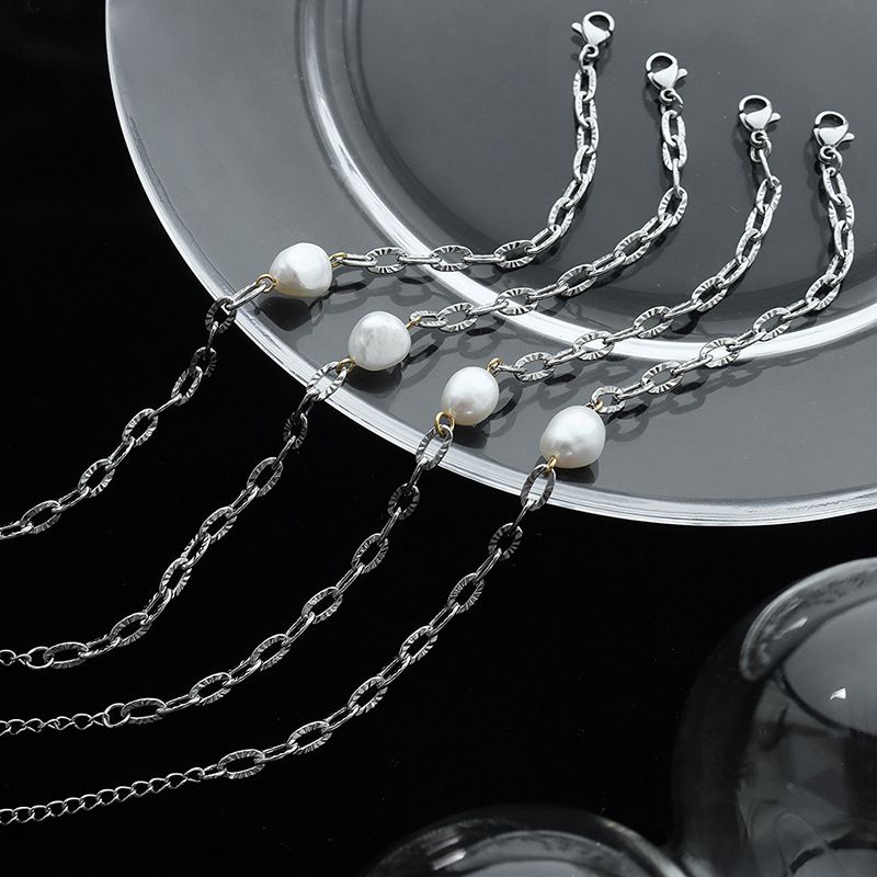 Nouvelle Chaîne Épaisse Couture Perle D&#39;eau Douce Bracelet Collier En Acier Titane Plaqué Or Véritable 18 Carats
