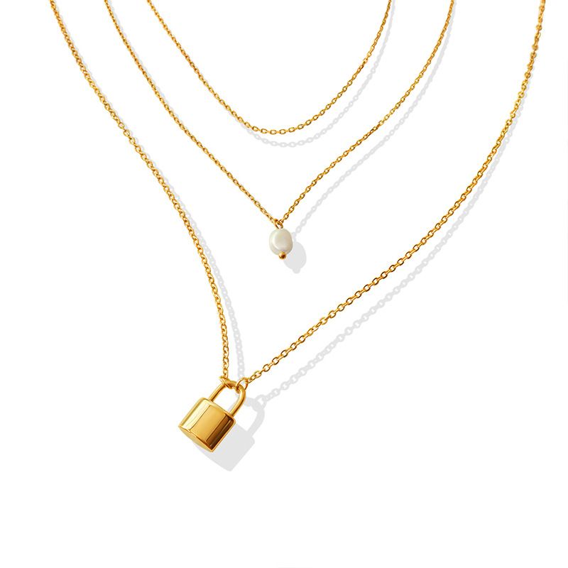 Fashion Geometric Pearl Three-layer Necklace Titanium Steel Necklace